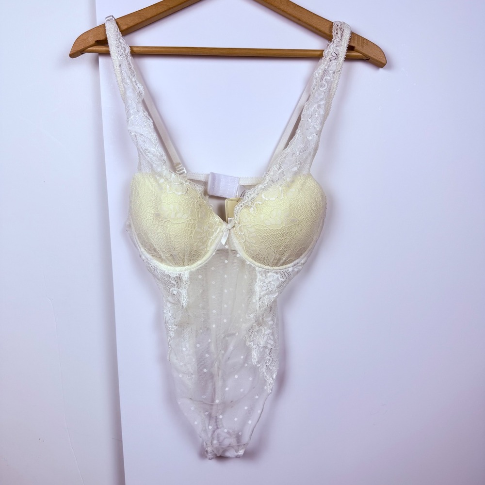 Forever 21 Lingerie White Lace Polka Dot Mesh Sheer Bodysuit Yellow Cups Small